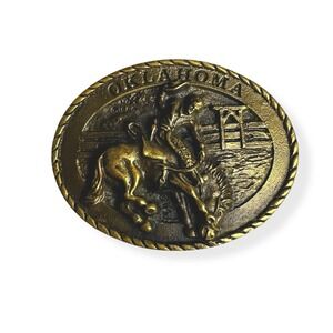 VTG 1980 Brass All Around Cowboy Oklahoma Western Bucking Horse Belt Buckle 3.5"